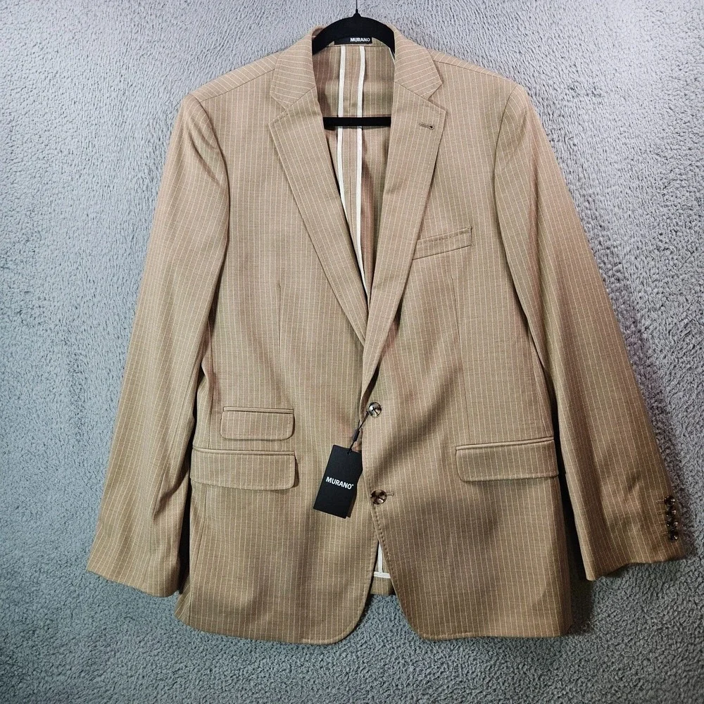 NWT Murano XLT Suit‎ Blazer Jacket Sport Coat Men Tan White Pinstriped